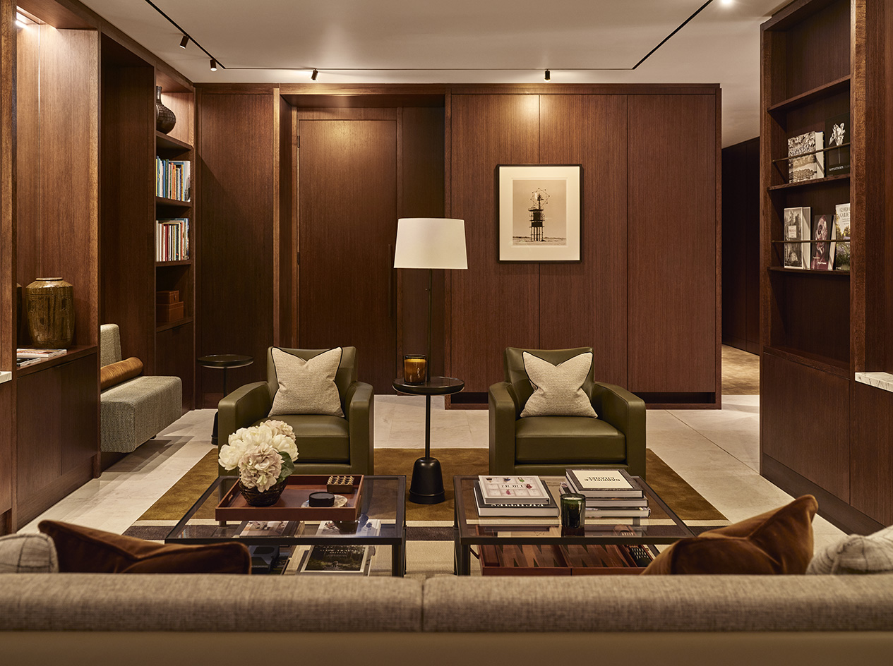 interiors of home in 100 George Street, warm, brown tones and fabrics