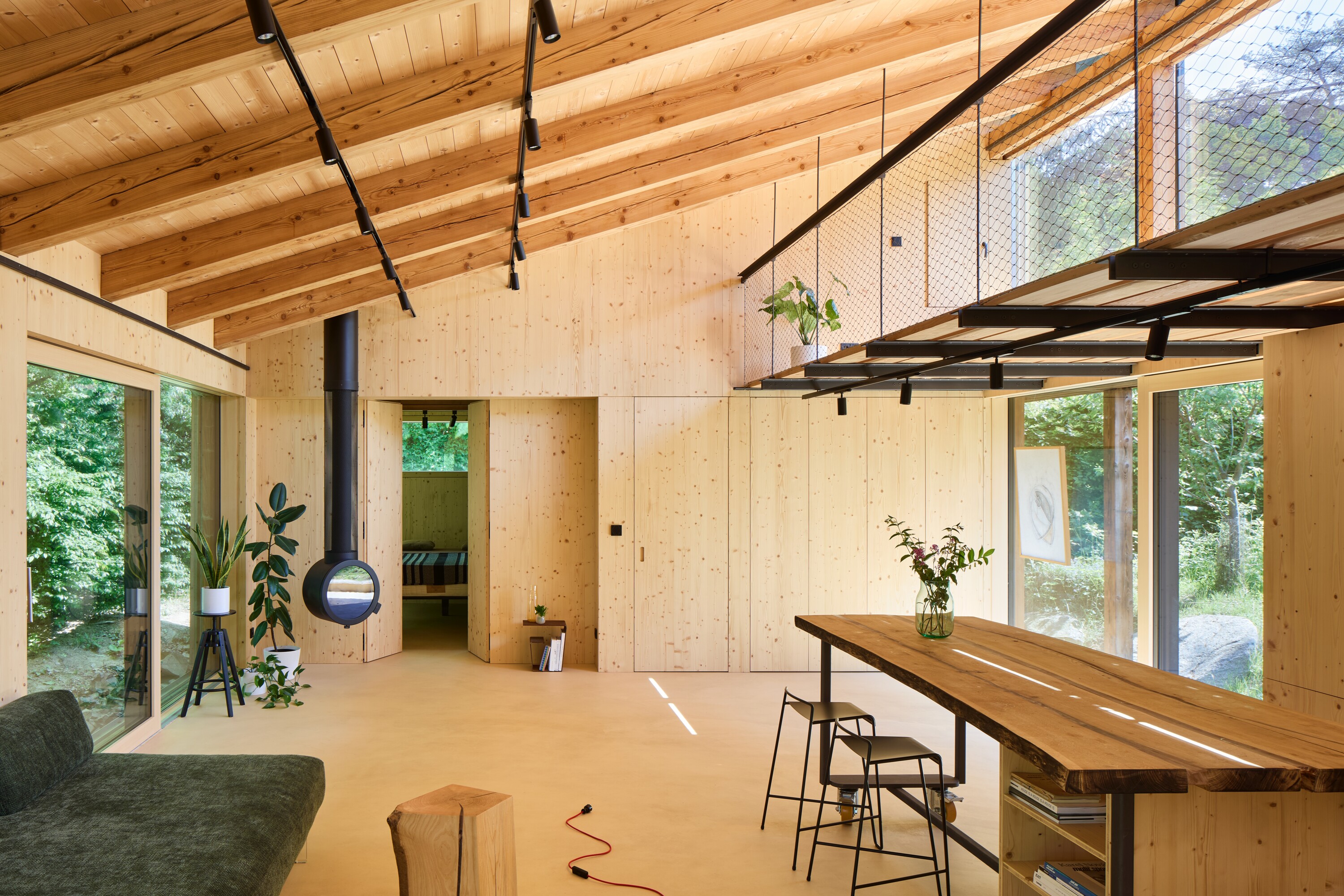 Inside the timber-lined studio