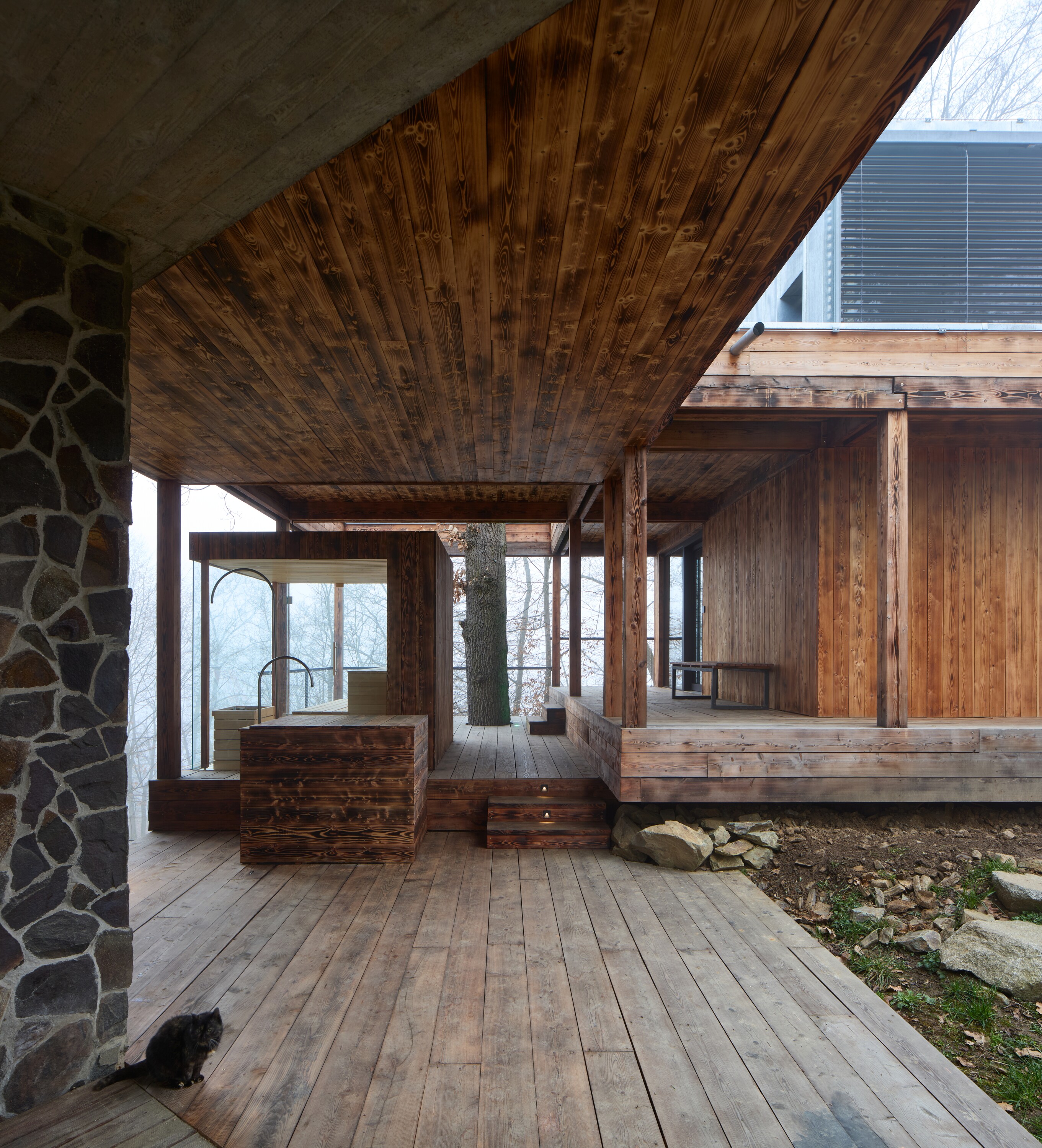 The two structures are linked by a covered walkway