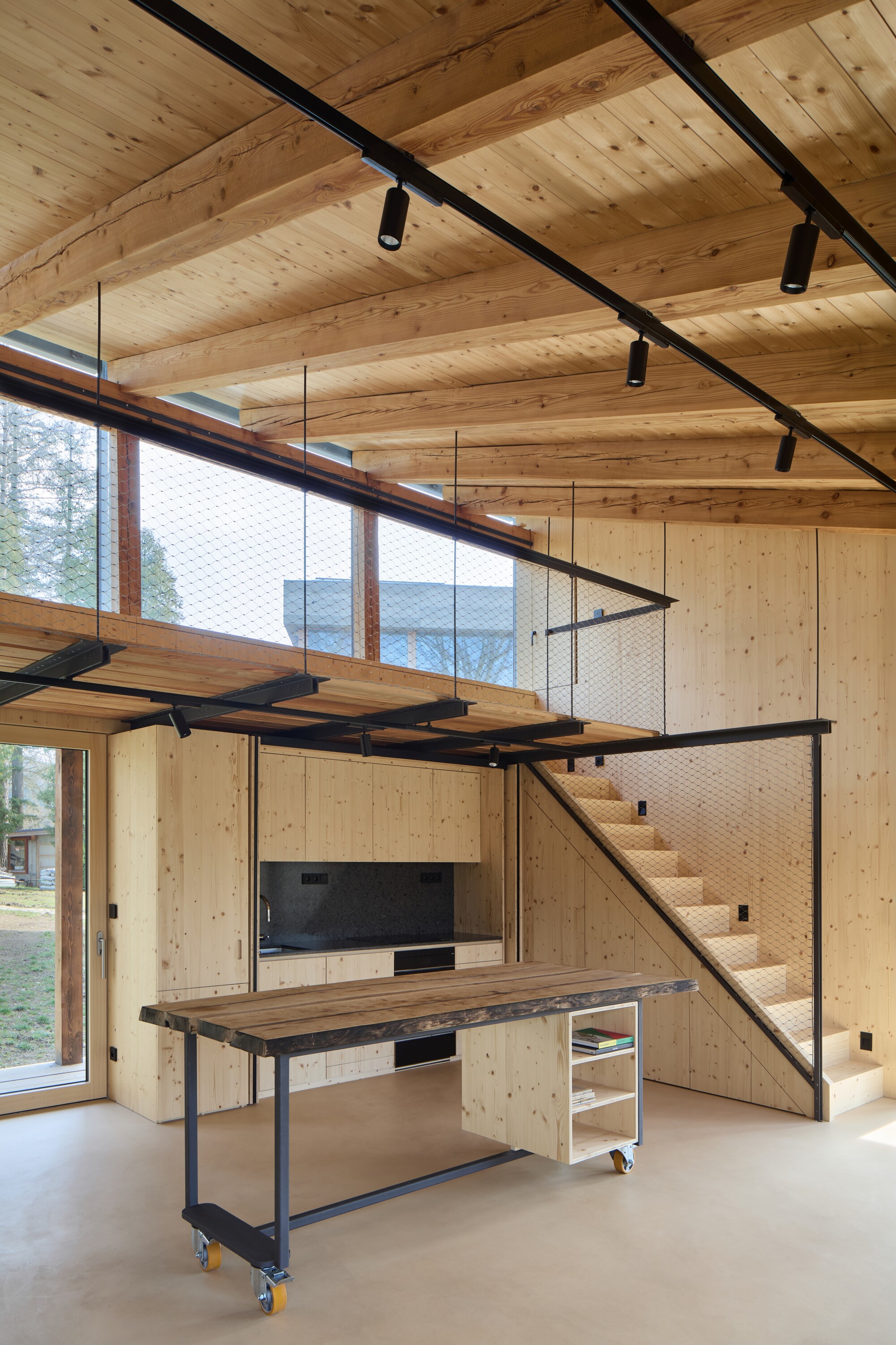 The kitchen and stairs in the new studio space