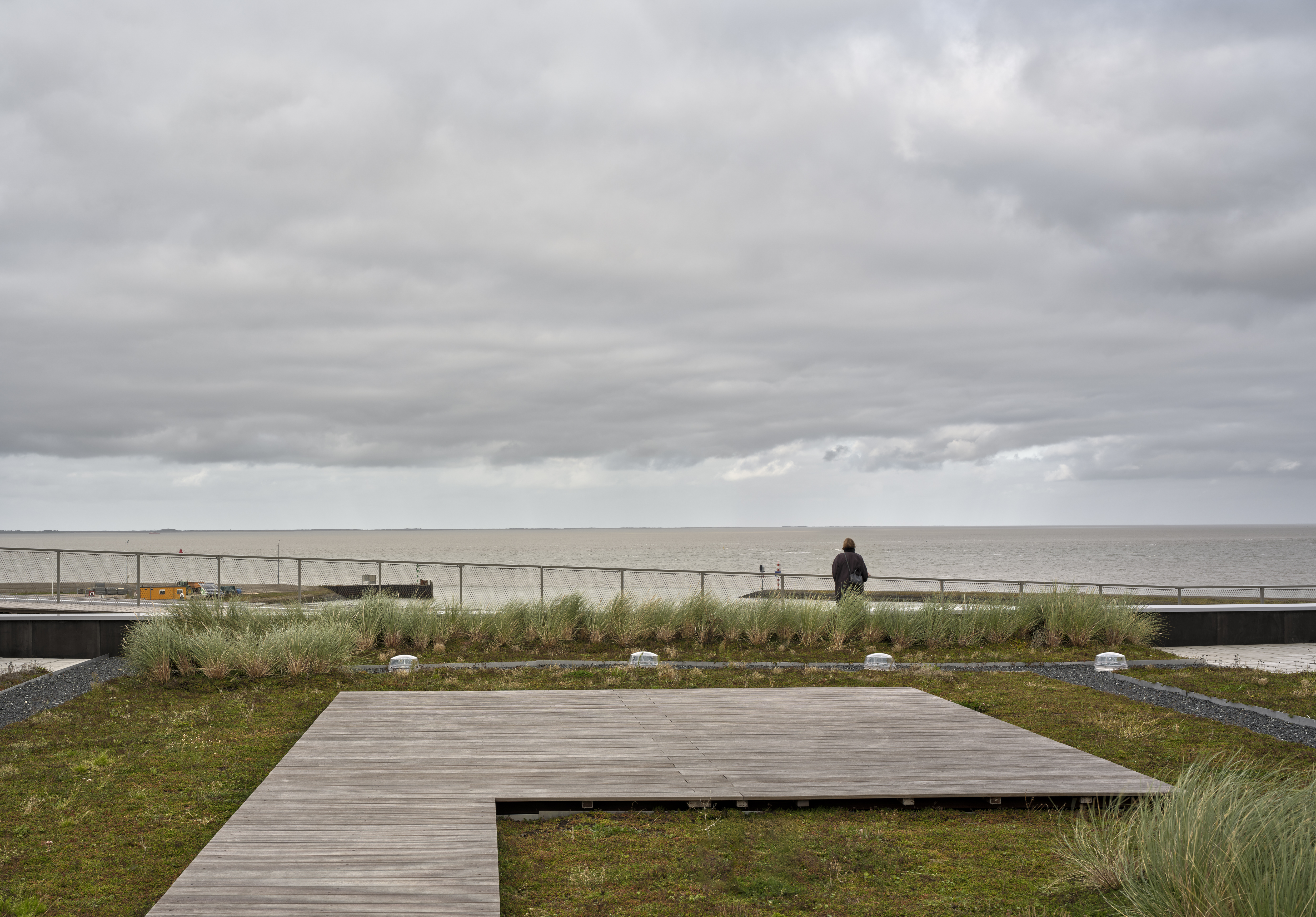 view of Wadden Sea centre in the Netherlands in cloudy sky