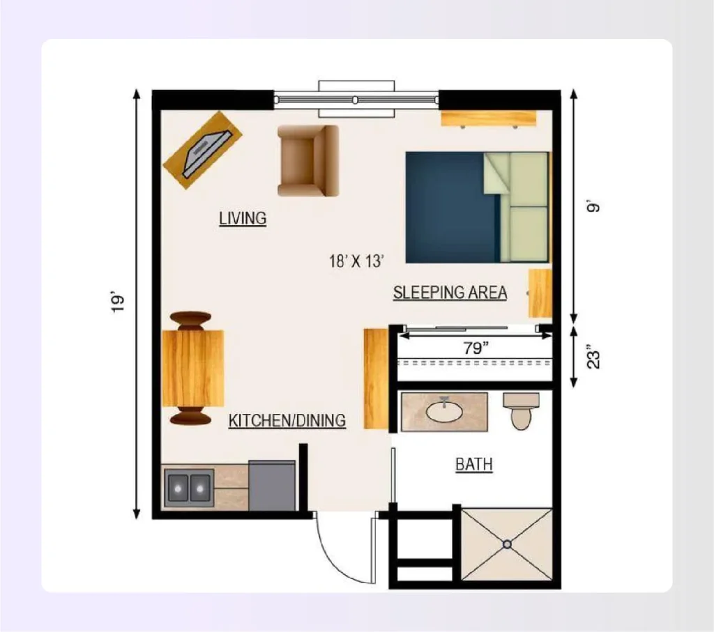 Compact studio assisted living room layout with kitchenette