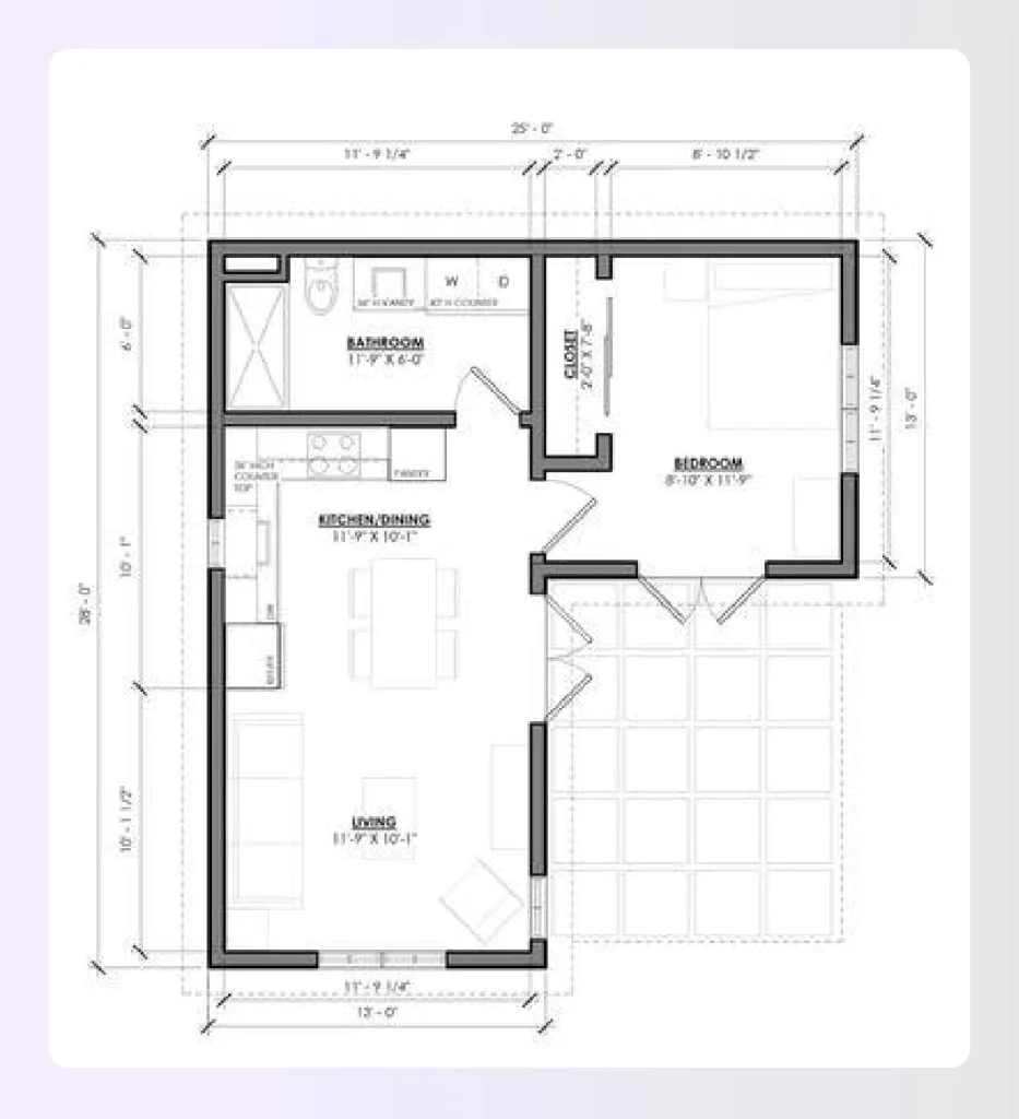 L-shaped small modern house plan under 1000 sq ft