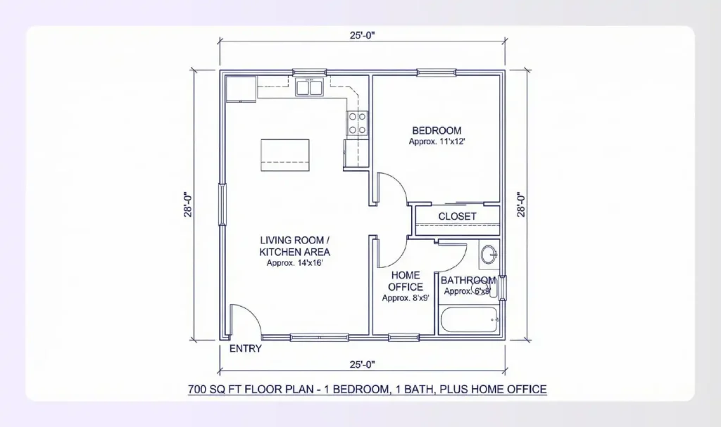 One-bedroom small house plan with office