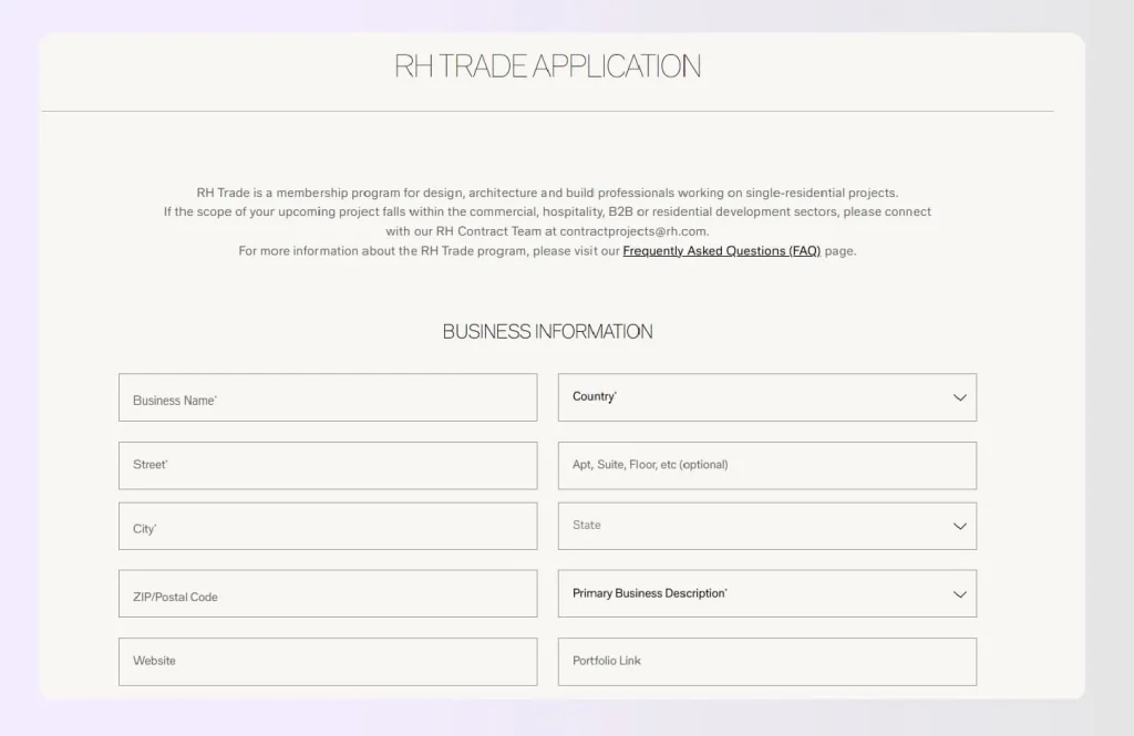 Screenshot of Restoration Hardware trade membership application page