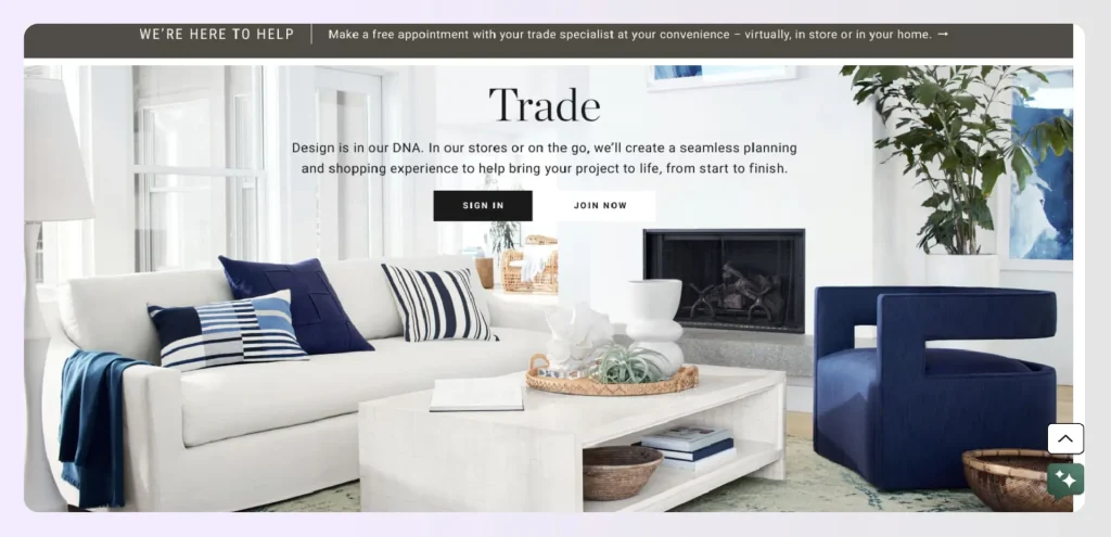 Screenshot of Williams Sonoma Inc trade program landing page 