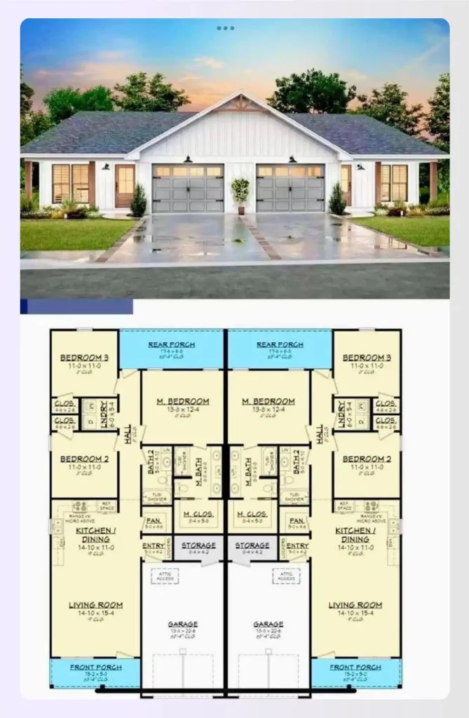Single story ranch duplex house plan layout