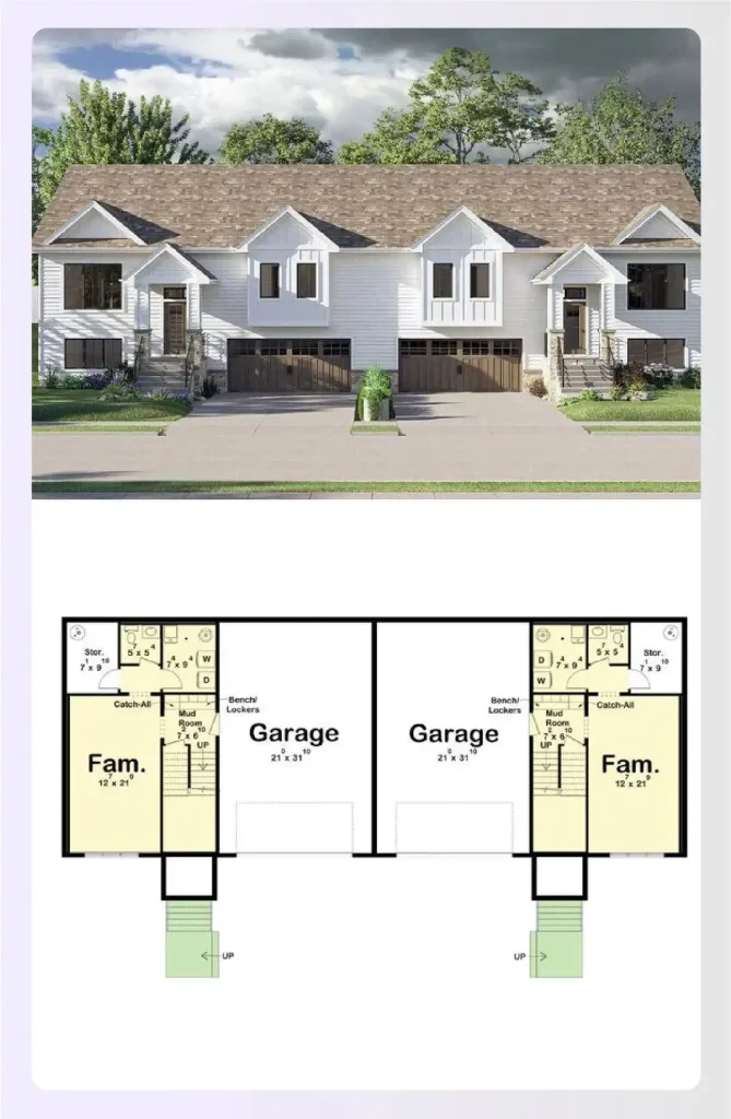 Split level duplex house plan cross section