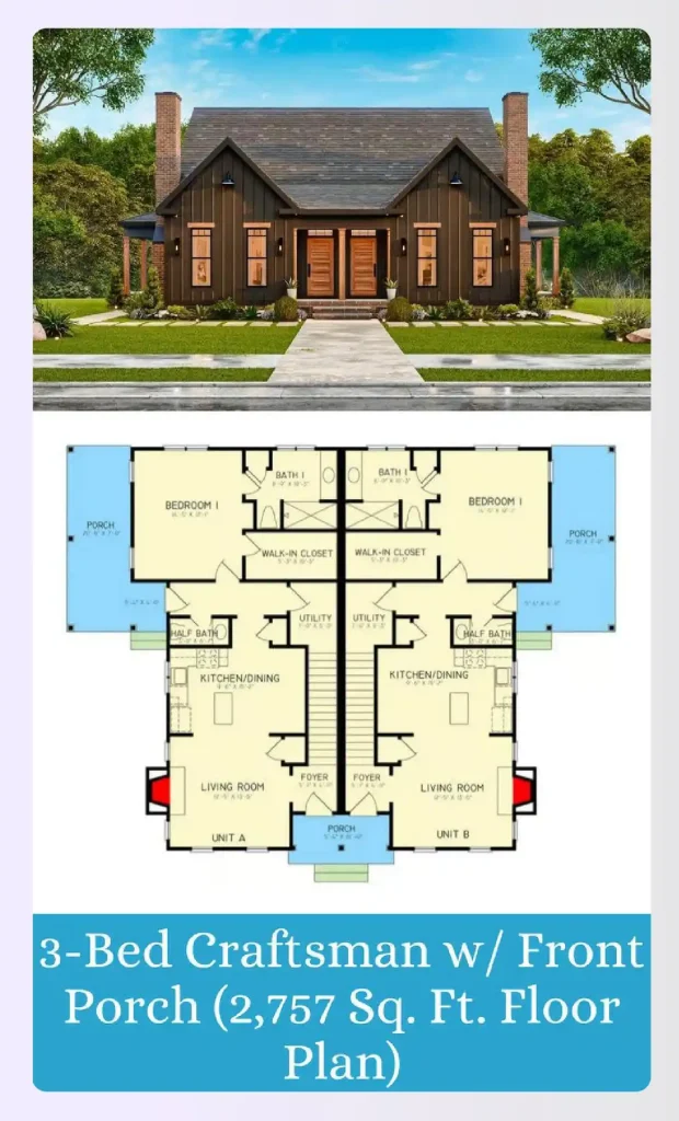 Traditional Craftsman duplex house plan elevation