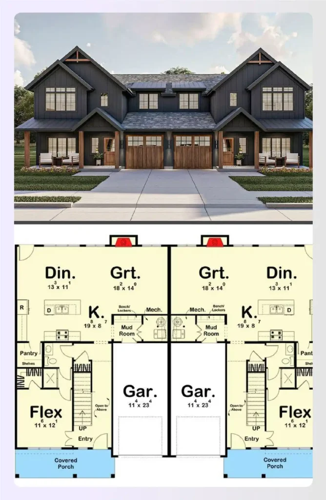 White modern farmhouse duplex house plan exterior
