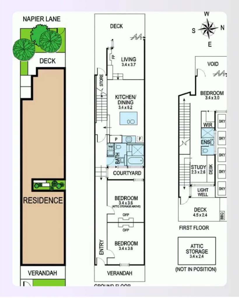 Side sandwich shotgun house floor plan layout