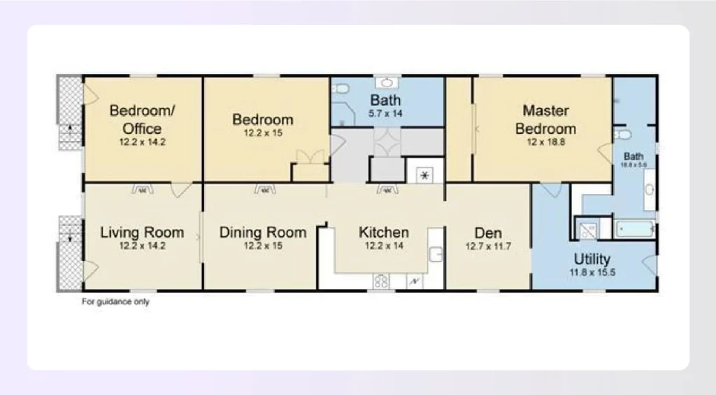Flexible space shotgun house floor plan with den