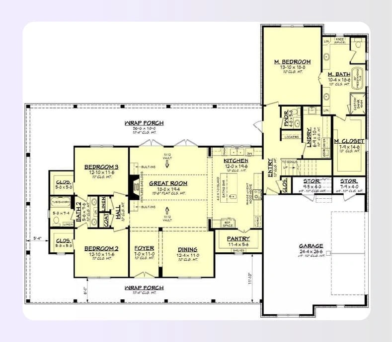 Farmhouse style wraparound porch floor plan with dining area