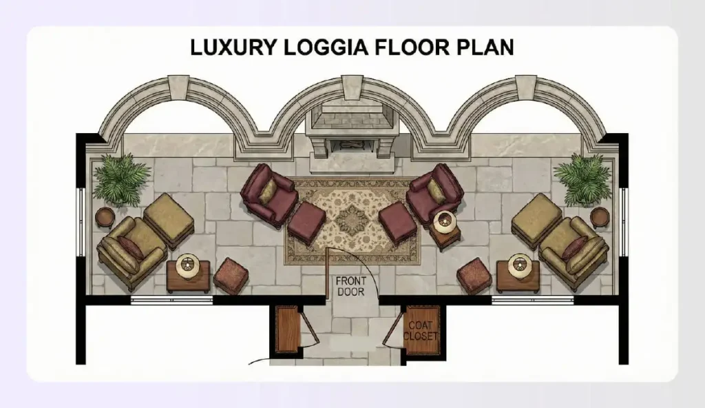 Luxury loggia floor plan with archways and seating
