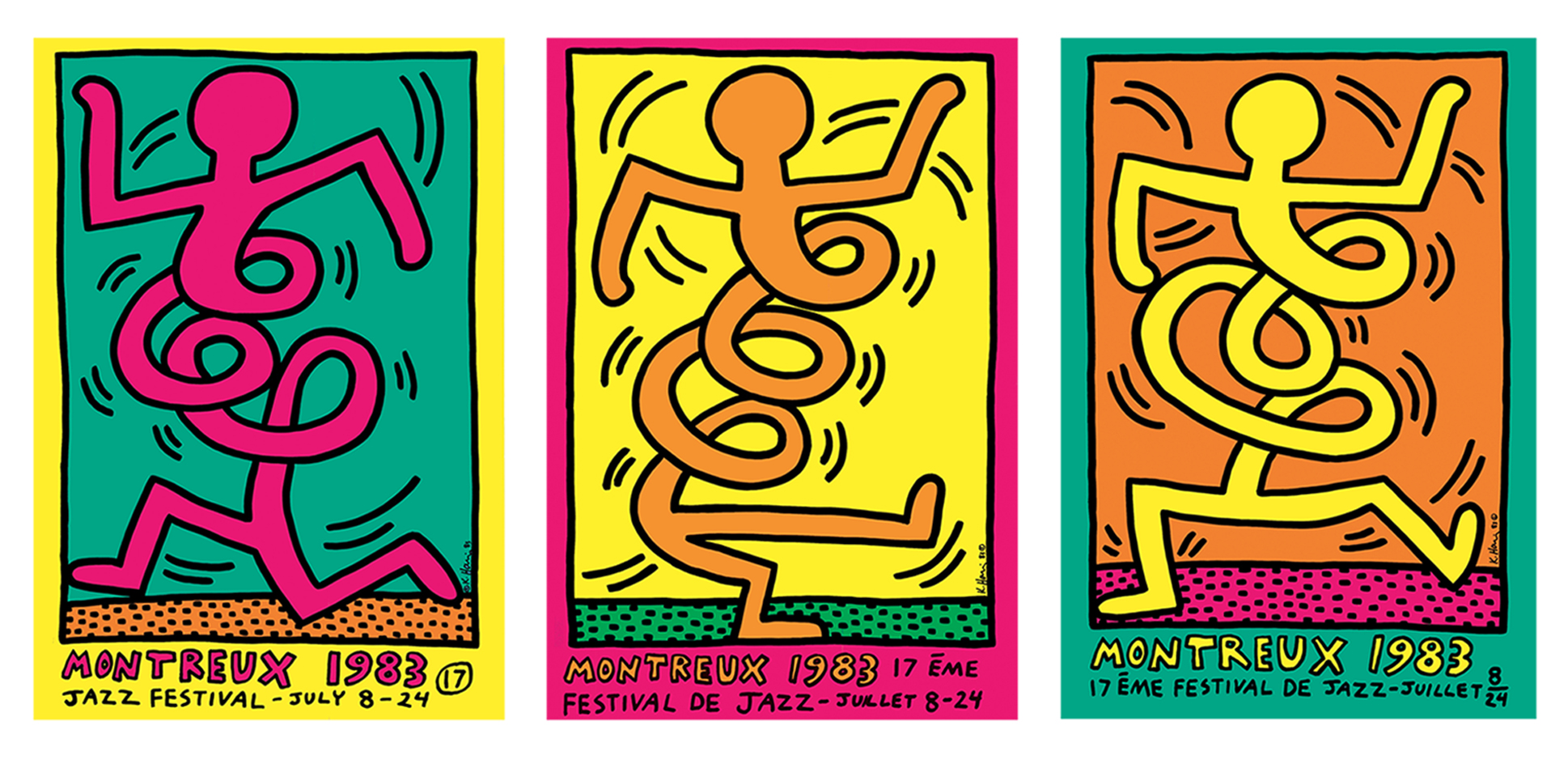 1983 Montreux Jazz Festival posters&amp;nbsp;by Keith Haring (yellow, pink, green)