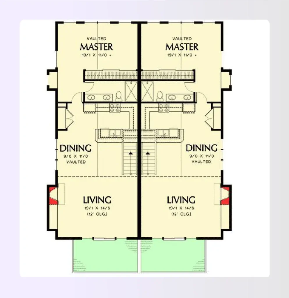 Mirrored duplex floor plan with shared central wall and symmetrical layout.