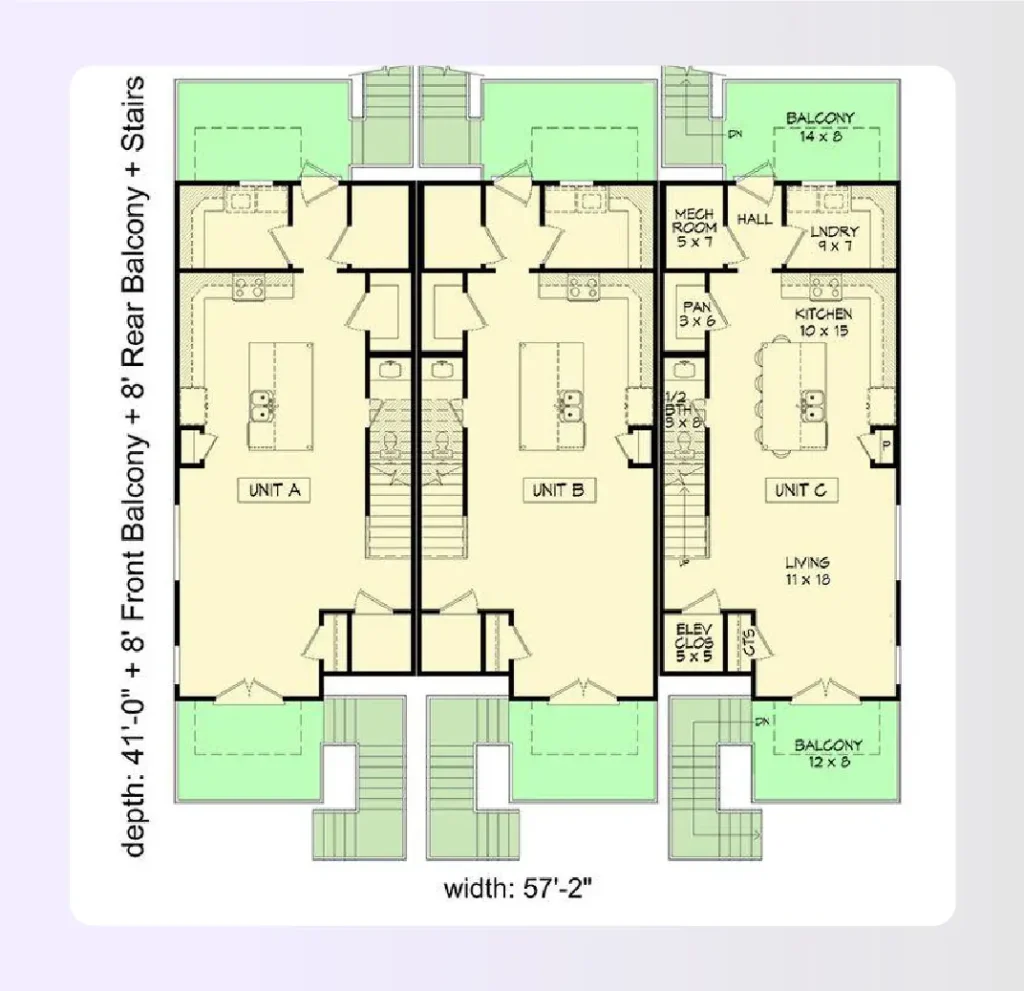 Three-story stacked triplex floor plan for narrow urban lots