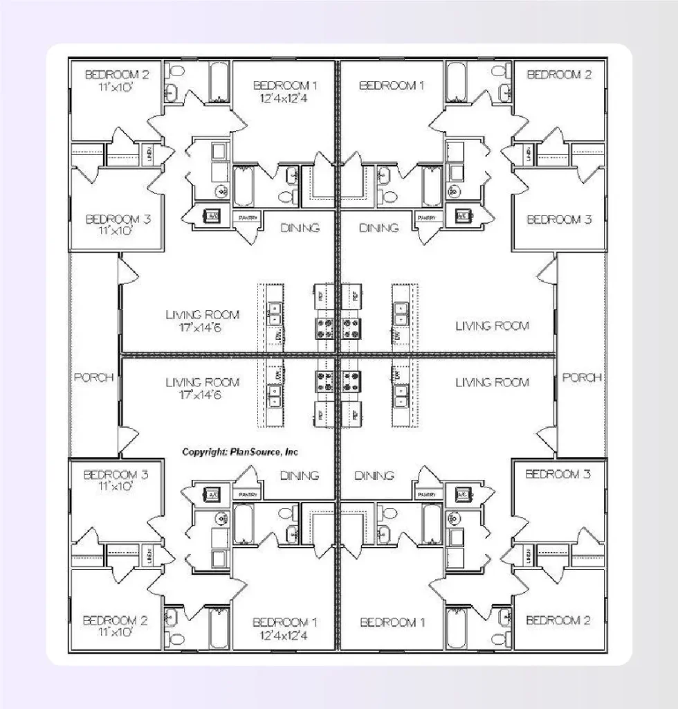Square fourplex floor plan divided into four equal apartment units