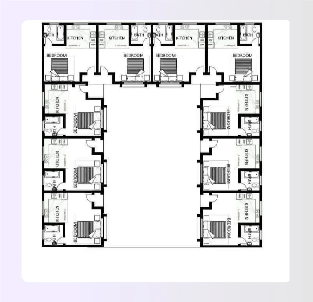 U-shaped apartment complex floor plan surrounding a central garden courtyard