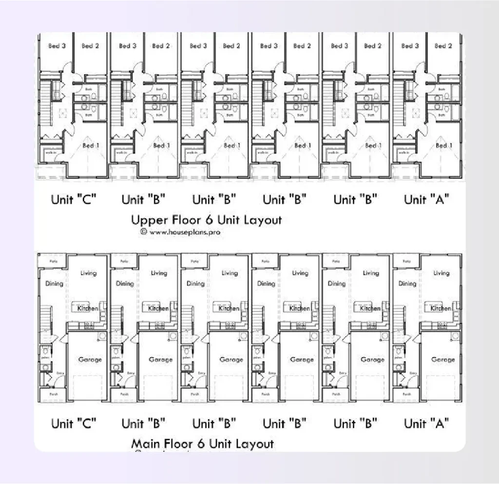 Row of townhouse floor plans with individual garages and entrances
