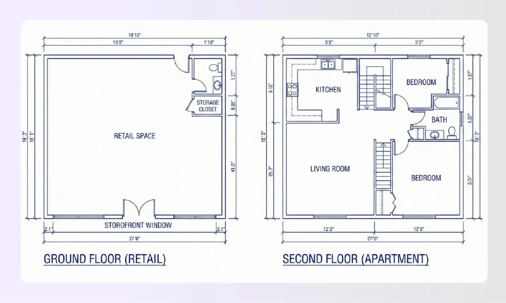 Live-work multi-family floor plan with ground floor retail and upstairs apartment