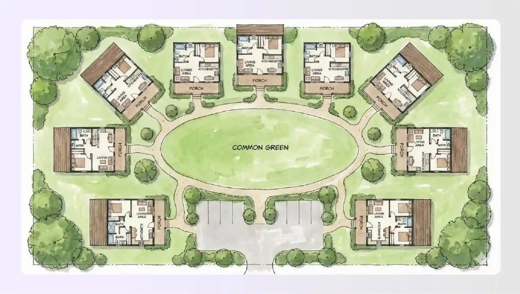 Cluster of small cottages arranged around a central green