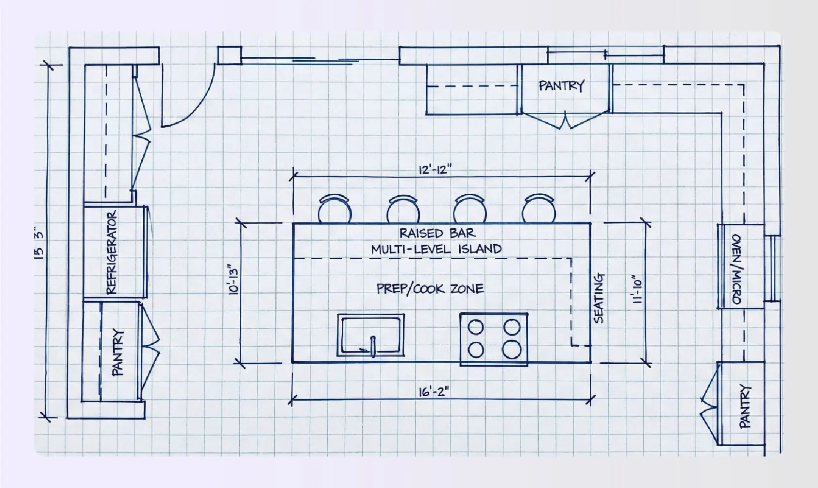 Multi-level island kitchen plan with raised bar