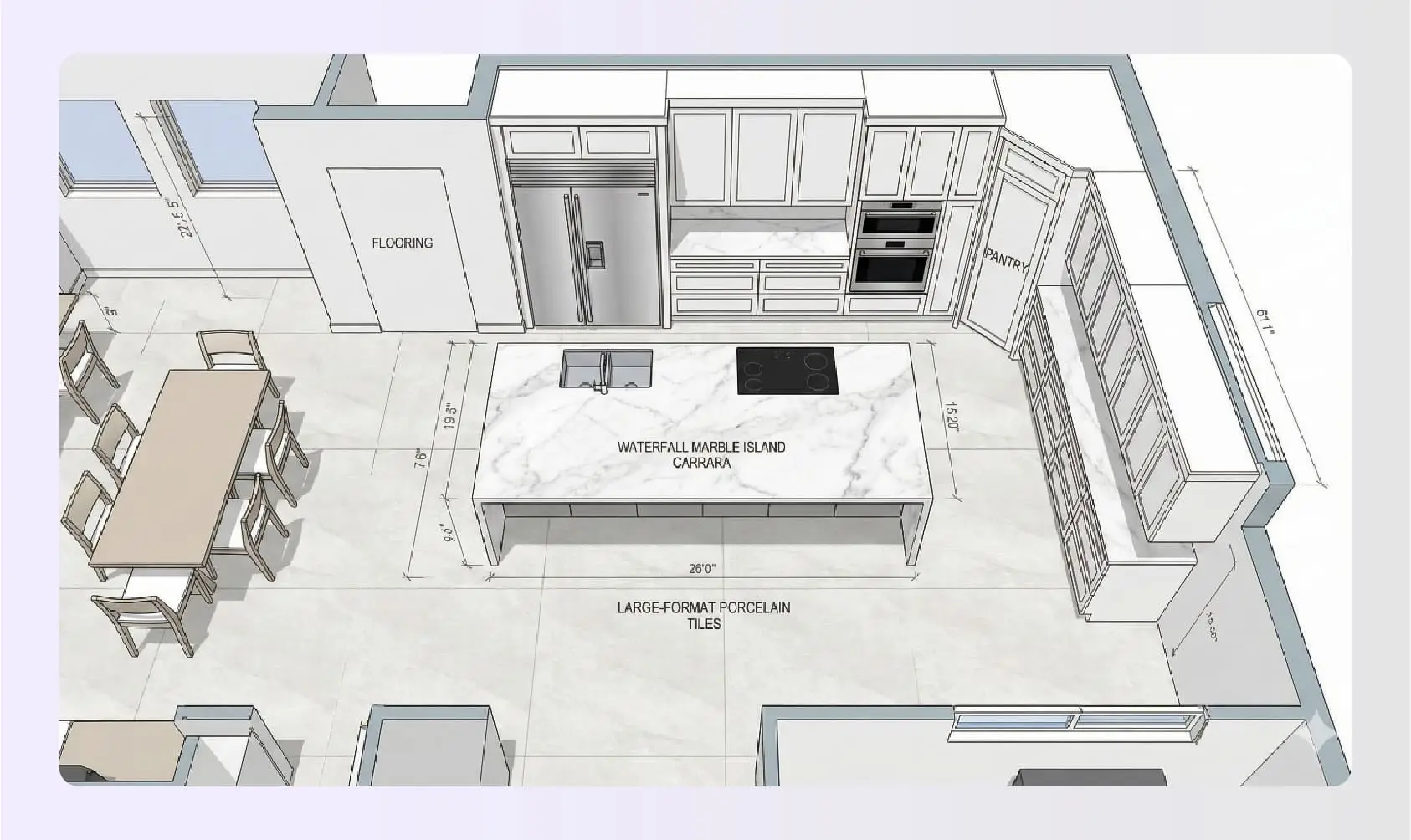 Waterfall kitchen floor plan with island marble