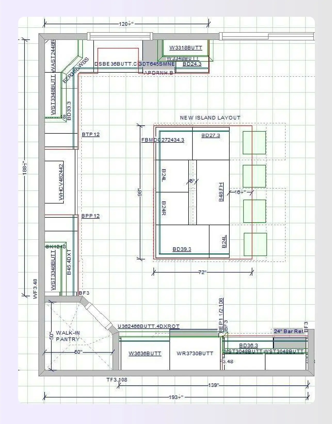 U-shaped island kitchen floor plan narrow design