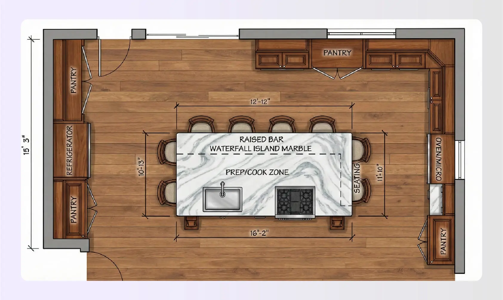 Furniture style island kitchen layout design