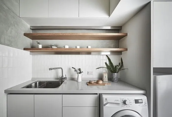 Small studio apartment kitchen shelves maximizing vertical space