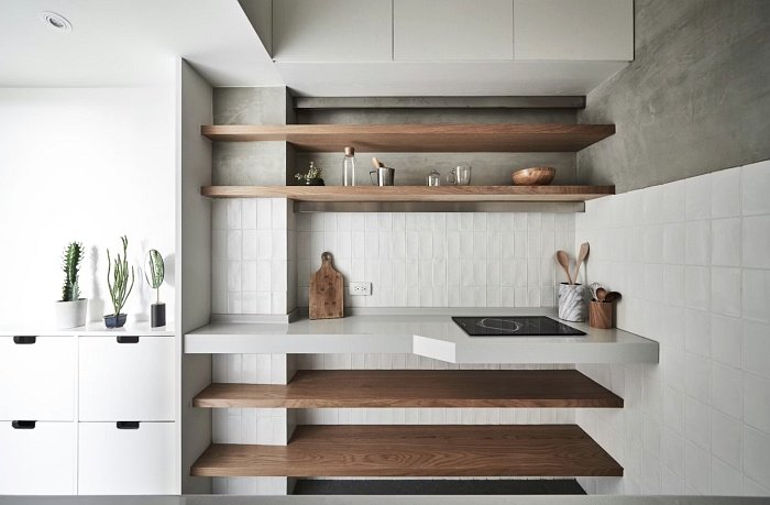 Very small studio apartment kitchen counter with built-in storage