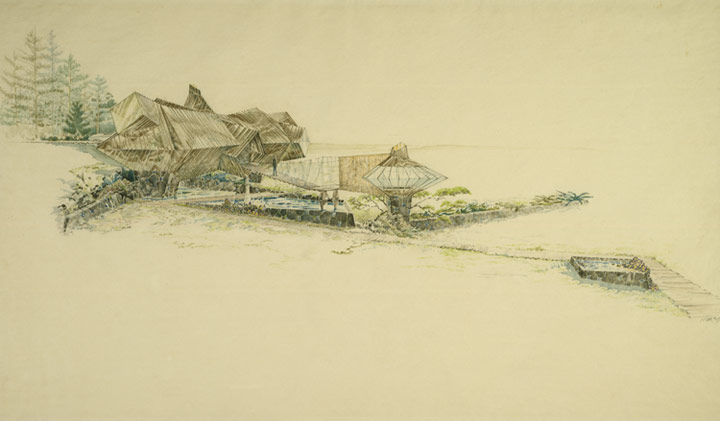 Joe Price studio, No 1, showing the perspective with bridge, 1953-1954, by Bruce Goff