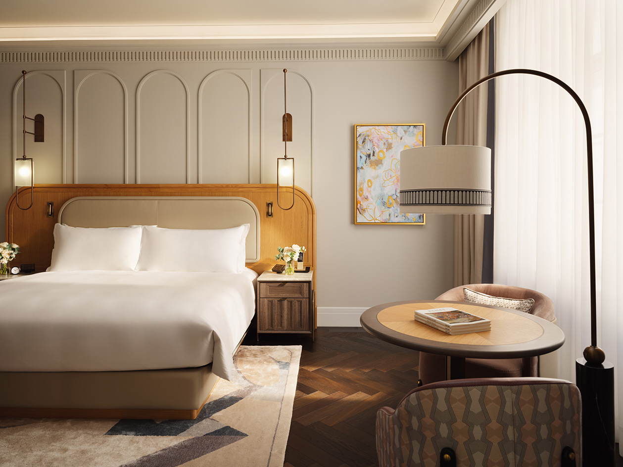 Mandarin Oriental Vienna interior of lush luxurious hotel in light tones and some warmer accents in darker neutral colours