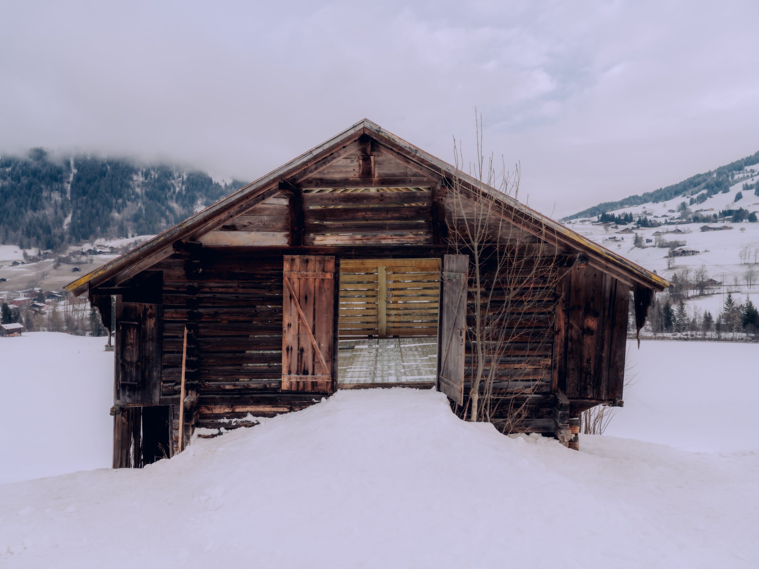 light panels installed inside a Swiss barn by Alexandre de Betak