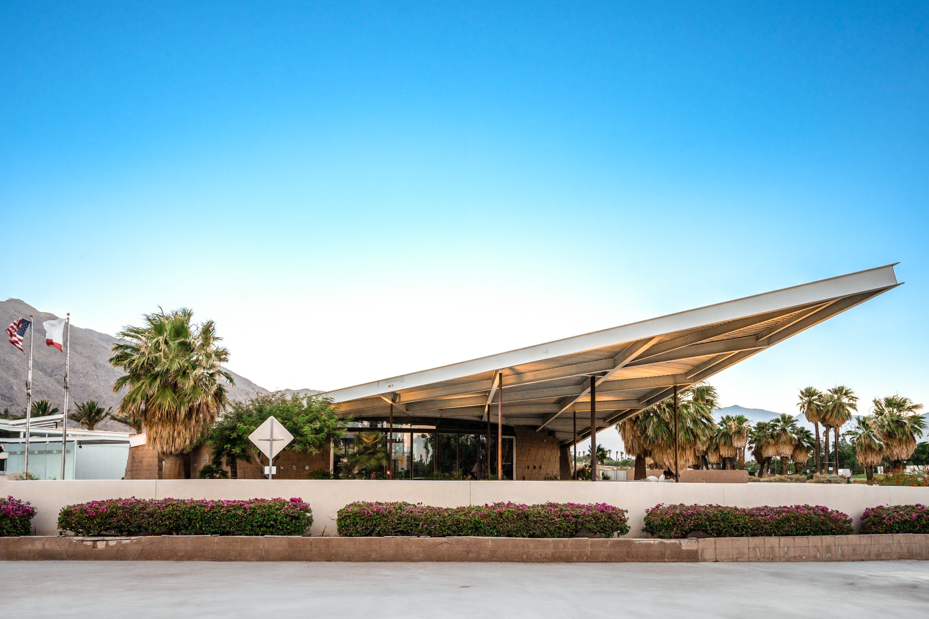 Palm Springs Visitor Center formerly tramway gas station against blue skies