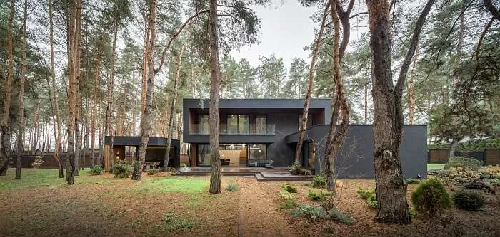 Dark-clad contemporary forest house integrated into a natural woodland landscape