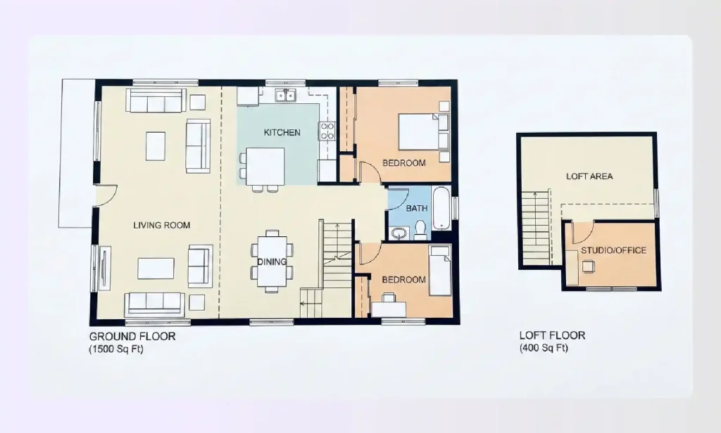 Bungalow floor plan with an upper-level loft space Bungalow floor plan with an upper-level loft space