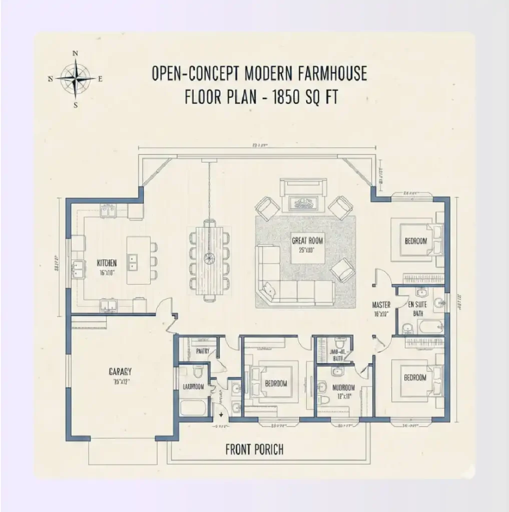 Open-concept modern farmhouse floor plan with great room Open-concept modern farmhouse floor plan with great room
