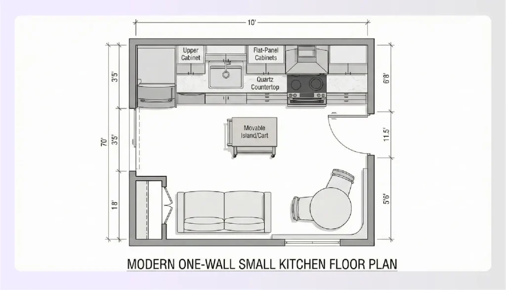 Modern one wall small kitchen layout with cabinets