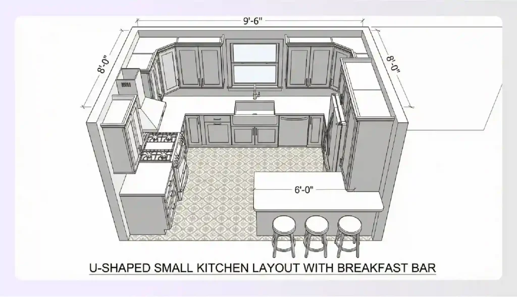 U shaped small kitchen layout with breakfast bar