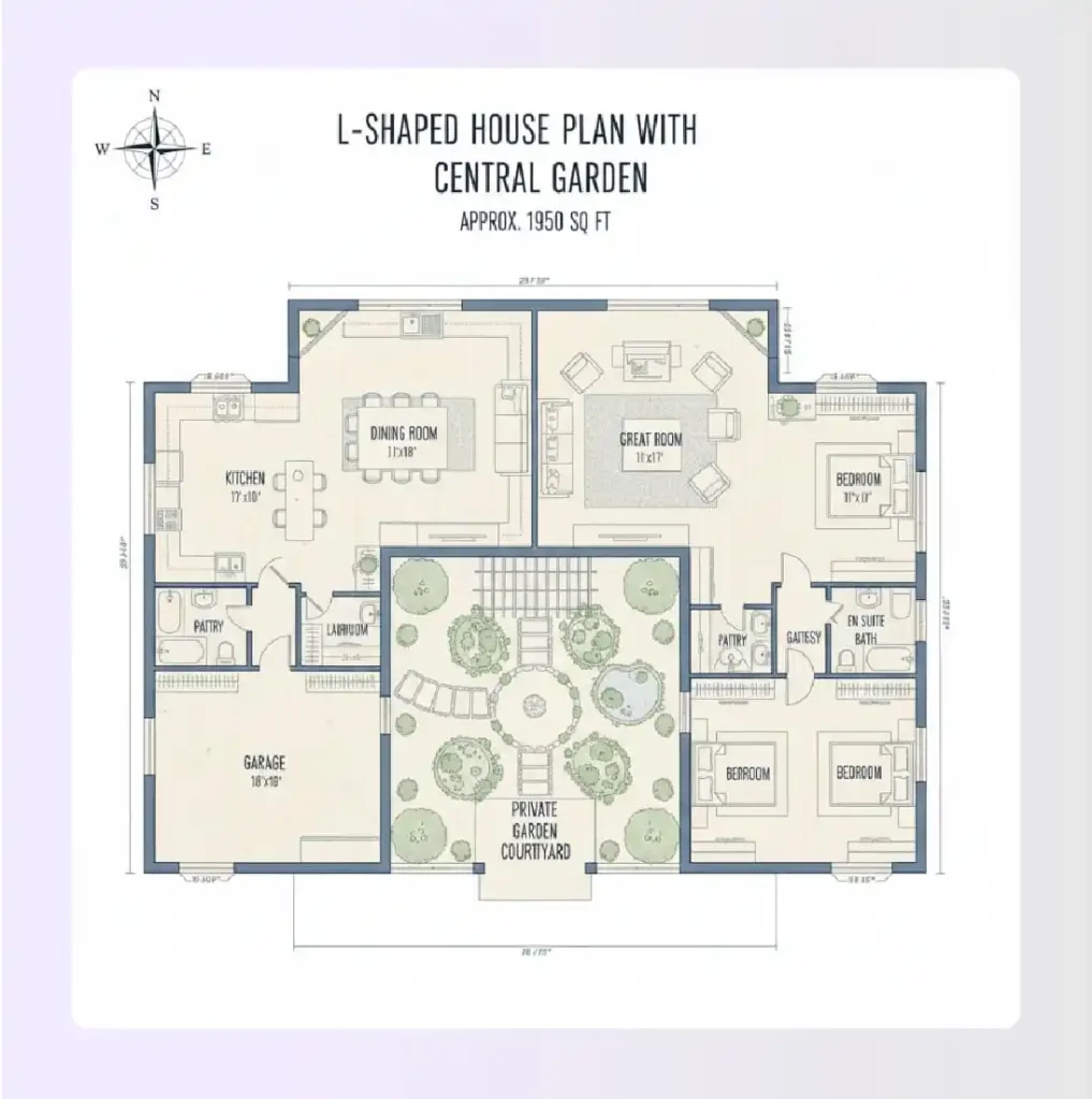 L-shaped house plan wrapping around a central garden L-shaped house plan wrapping around a central garden