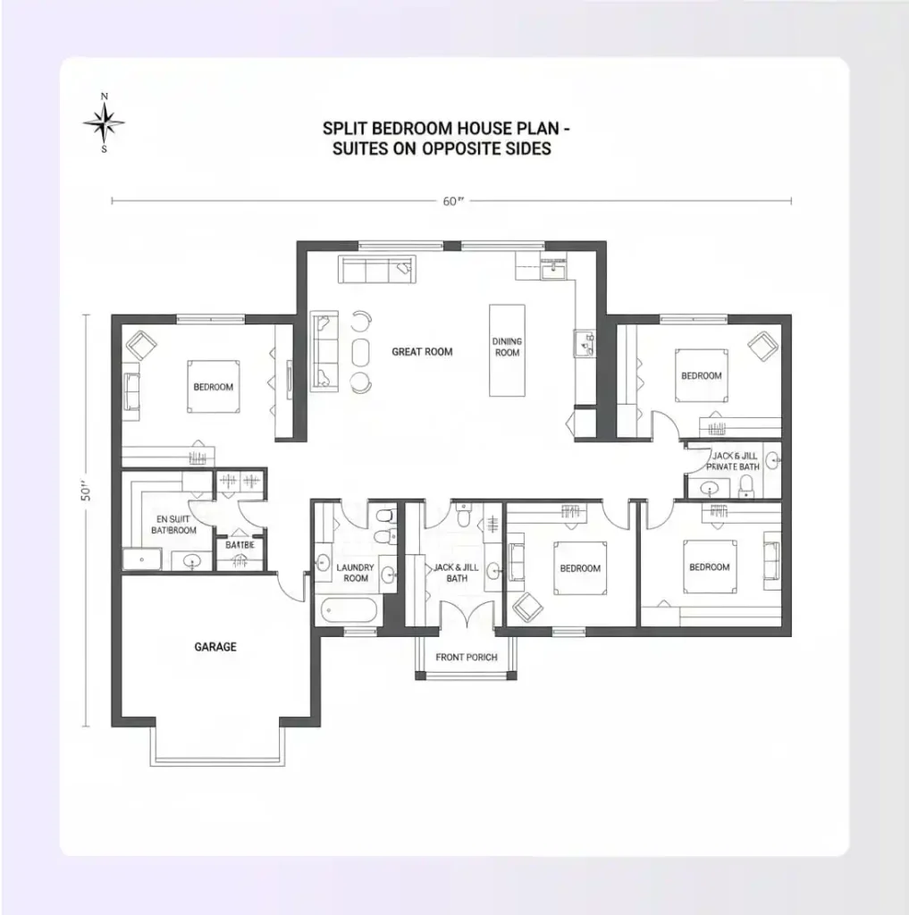 Split bedroom house plan with suites on opposite sides Split bedroom house plan with suites on opposite sides
