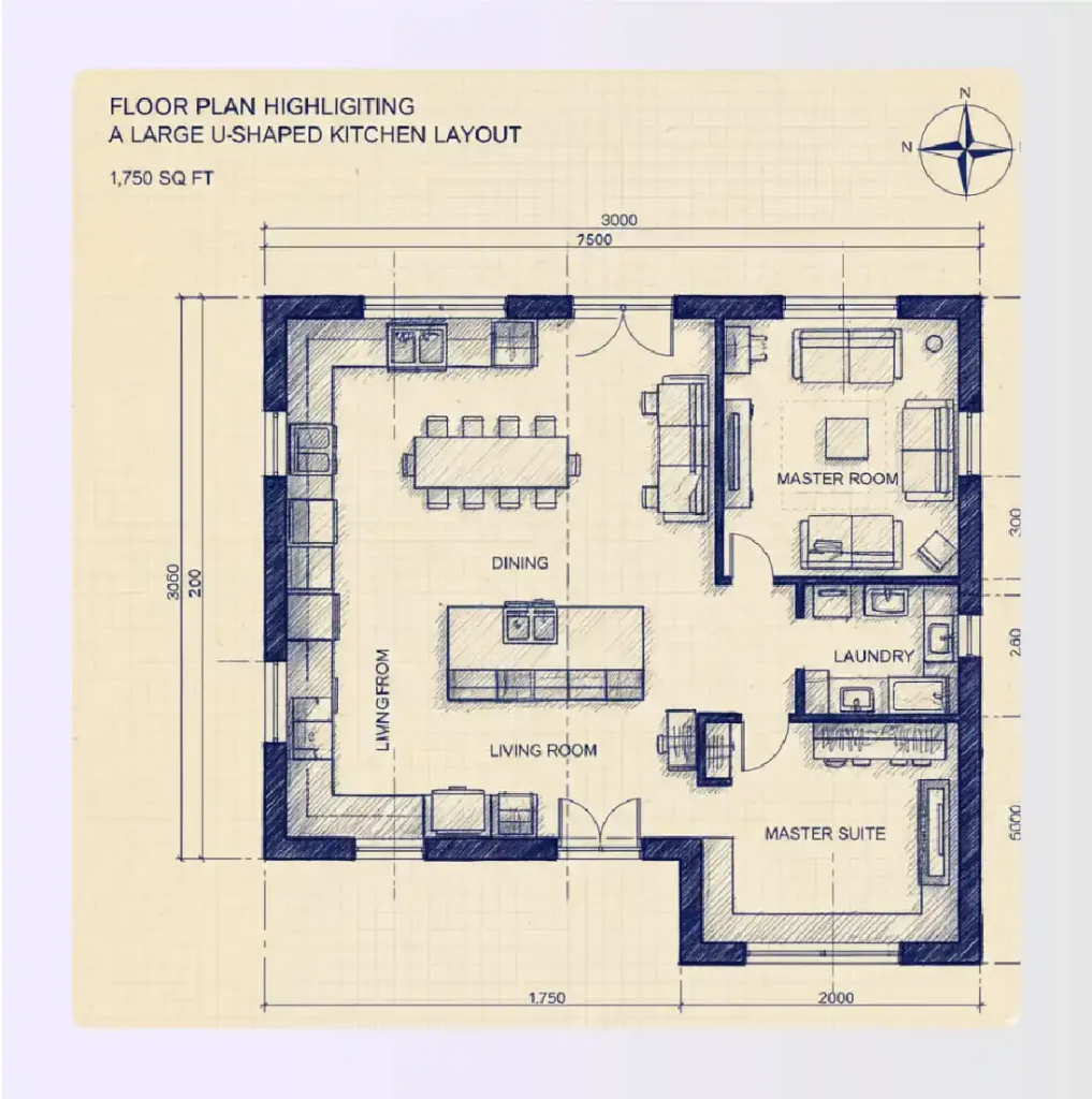 Floor plan highlighting a large U shaped kitchen layout Floor plan highlighting a large U shaped kitchen layout