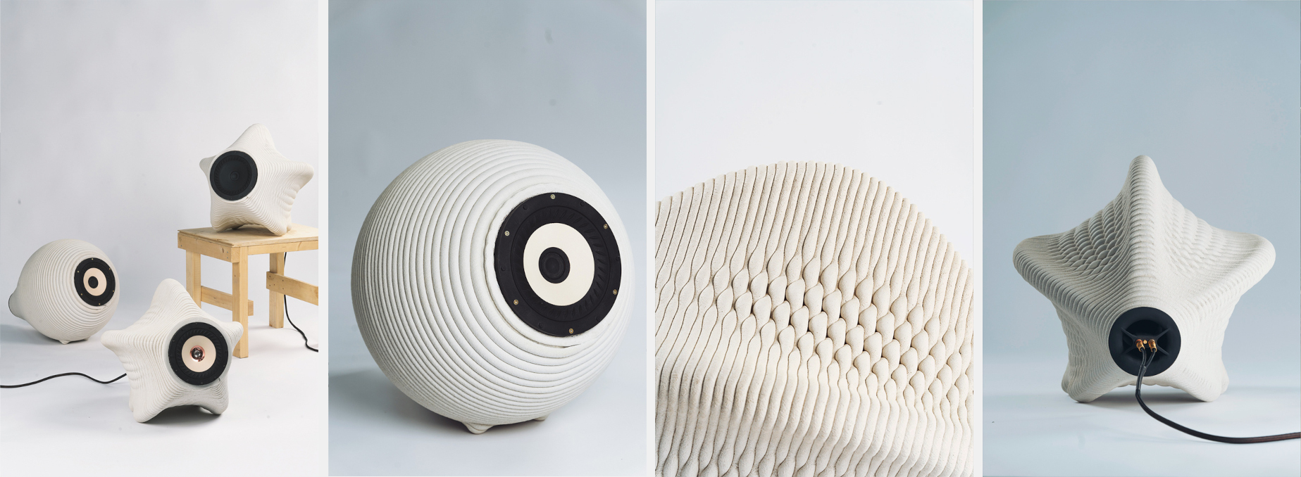 The 3-D printed concrete speakers are available in a variety of forms