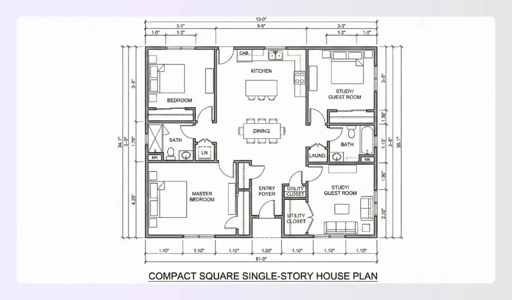 Compact square single-story house plans interior layout