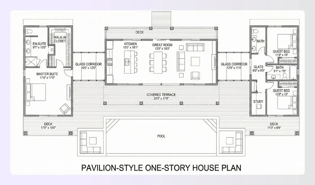 Pavilion-style one-story house plan architectural rendering