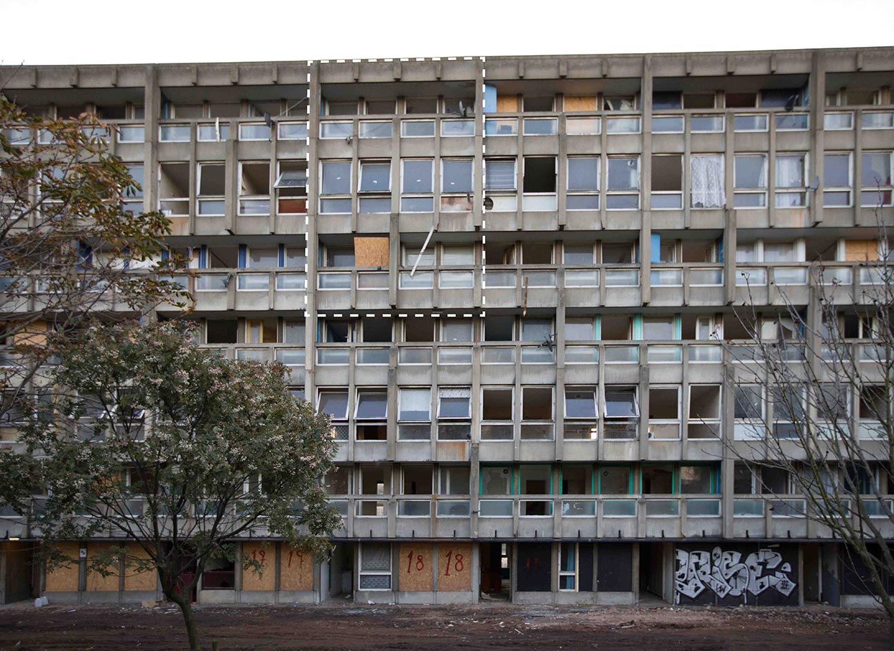 Exterior view of the facade of Robin Hood Gardens