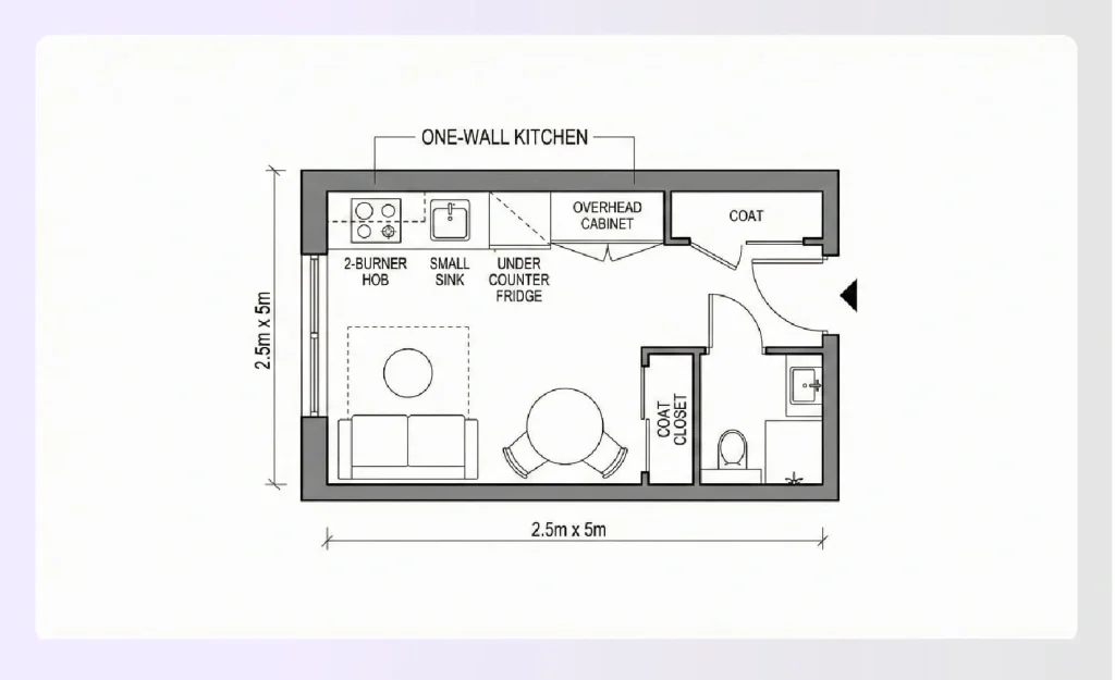 Compact one wall small kitchen layout for small apartment 