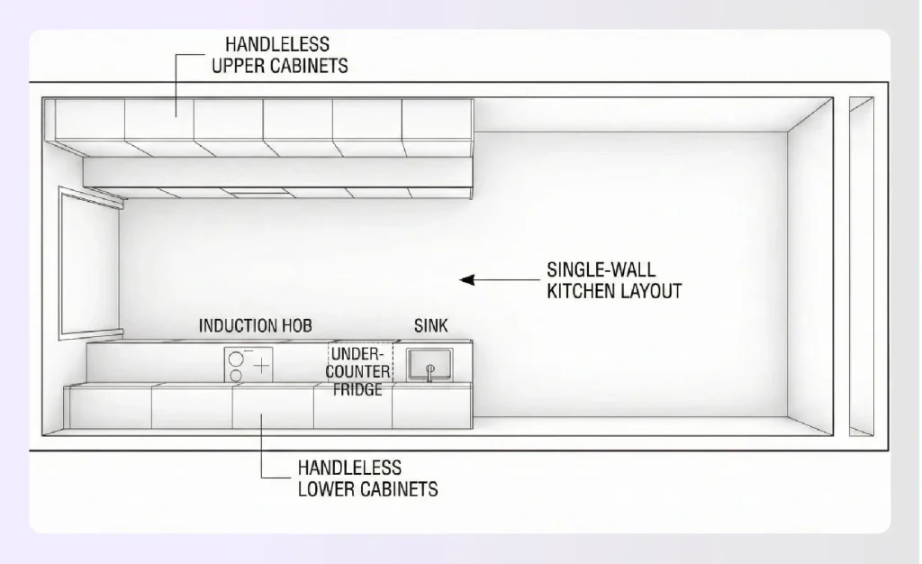 All-white minimalist single-wall kitchen layout with handleless cabinets 